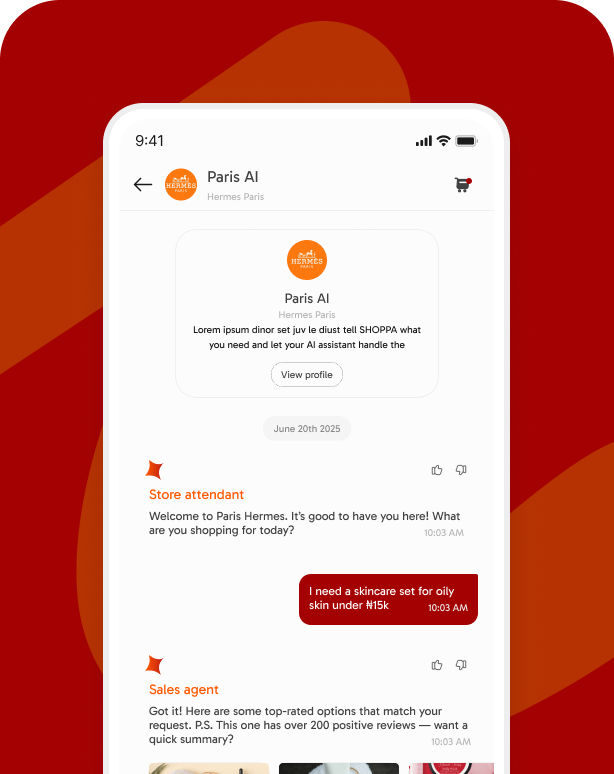 Phone showing user typing their shopping request to SHOPPA AI assistant