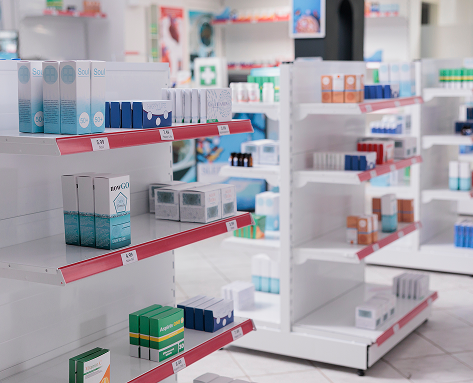 Pharmacy shelves with medical and healthcare products